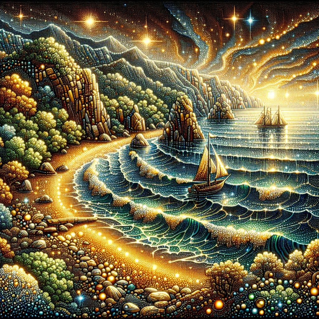 Bioluminescent Coastline in Pointillism Style