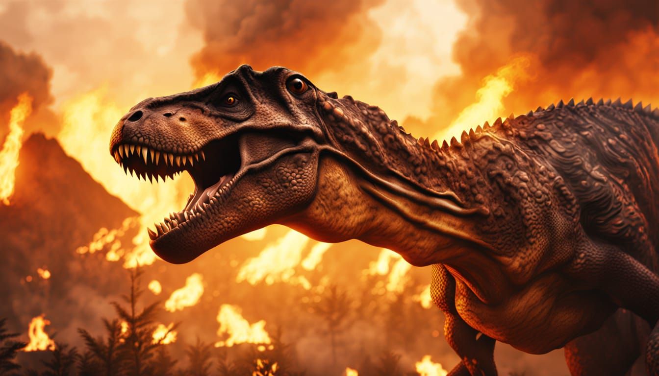 Tyrannosaurus Rex in Forest Fire, Hyper-Realistic Digital Ar...