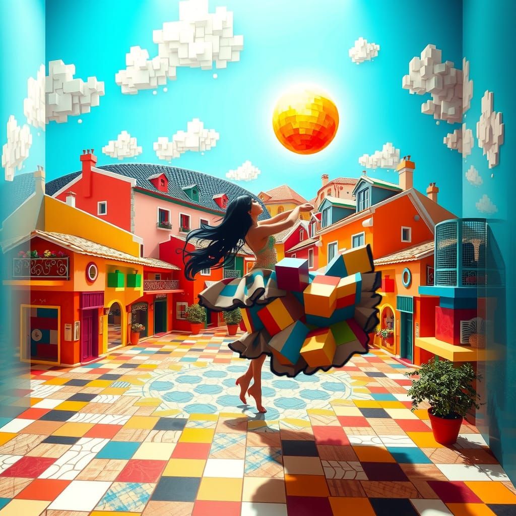 Whimsical Mediterranean Piazza in a Dreamlike Cubist World