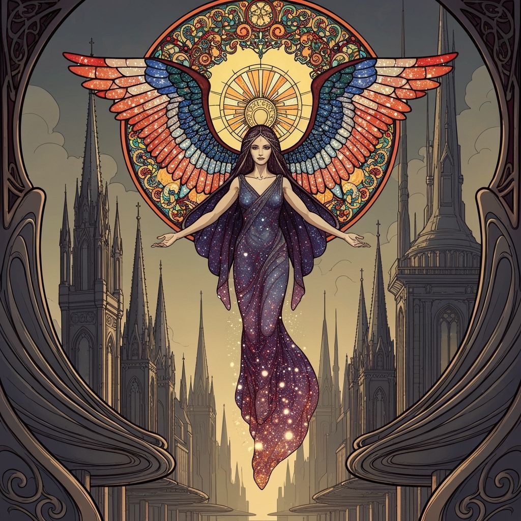 Celestial Being Above Futuristic City in Art Nouveau Style