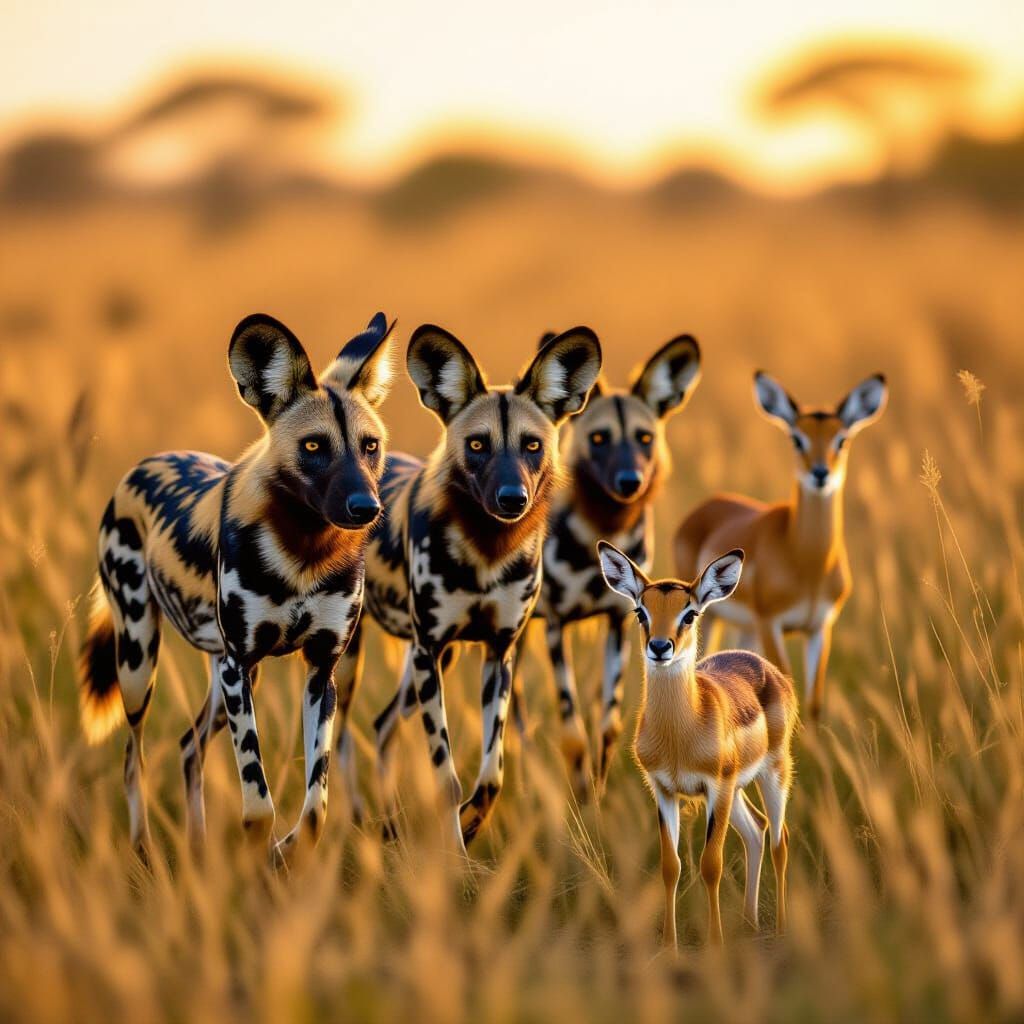 African Wild Dogs Stalking Impala in Golden Hour Savanna