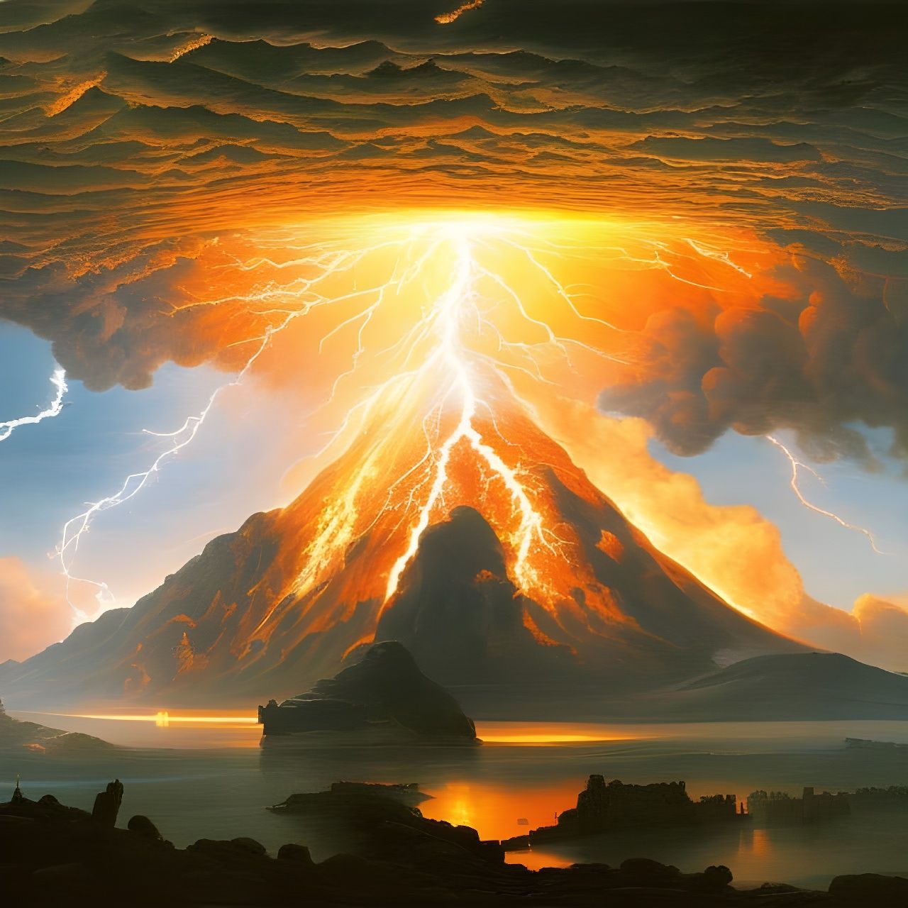 Volcano Eruption Under Lightning Storm in Maximalist Style