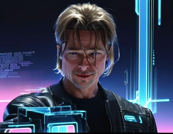 Actor brad pitt air touching a hologram screen user interfaace , d cyberpunk istopian background