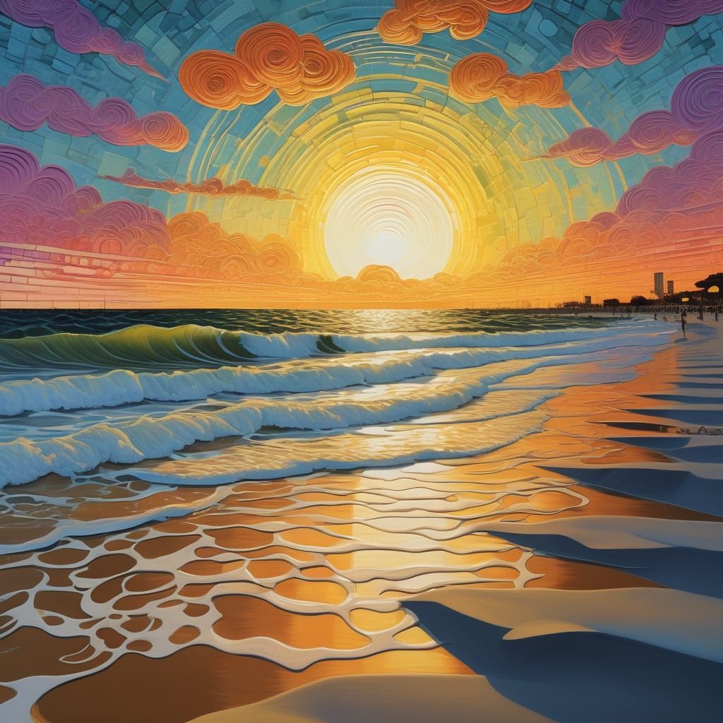 Vibrant Twilight Beach Scene in Photorealistic Neo-Impressio...
