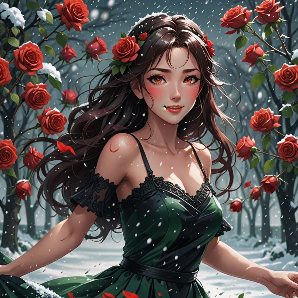 Anime Portrait of Woman Dancing in Snow with Roses