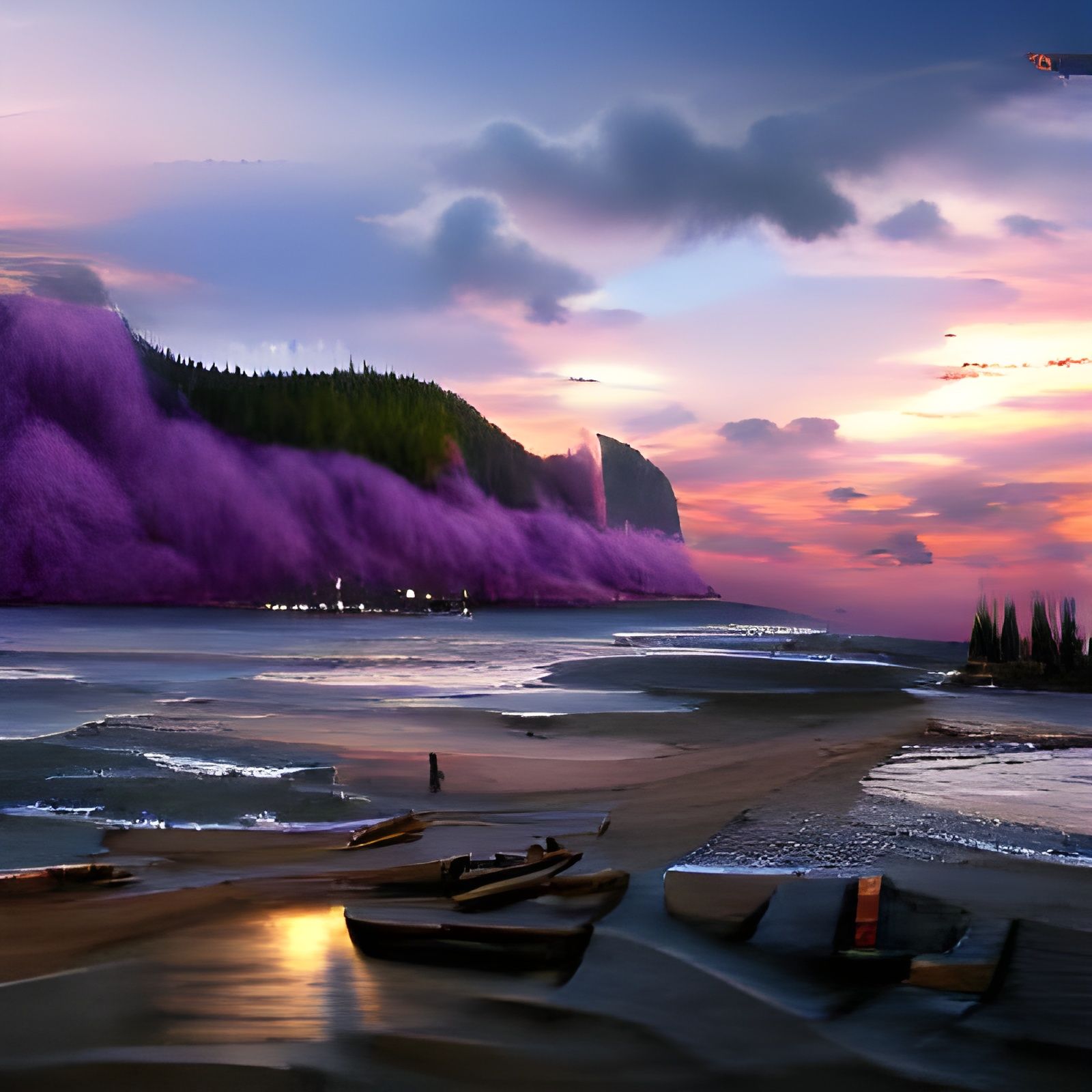 Purple Beach Sunset: Detailed Matte Painting