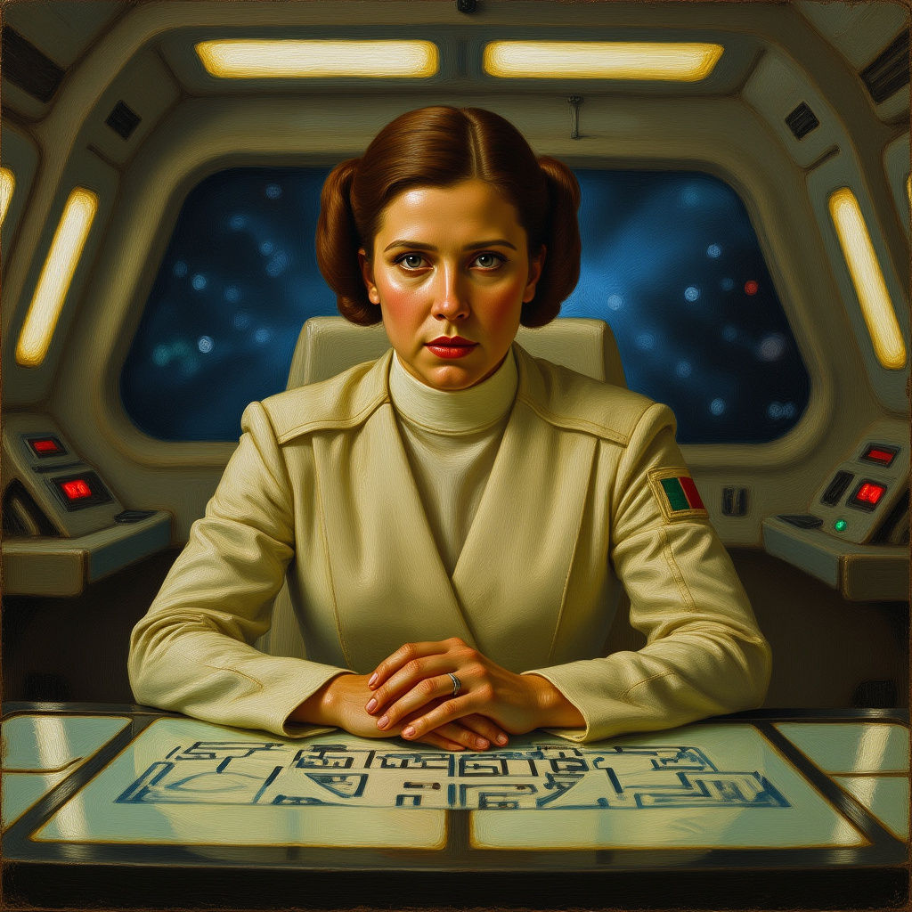 Princess Leia in Rebel Starship, Oil Painting Style