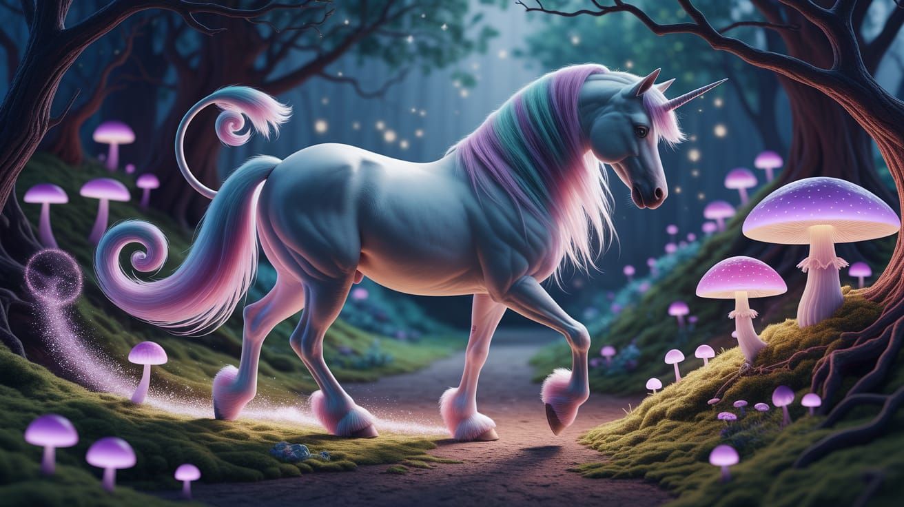 Enchanted Cat-Unicorn in a Glowing Forest