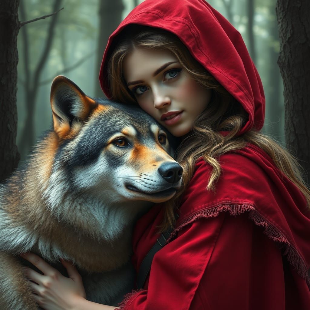 Red Riding Hood Hugs Wolf in Forest: Hyperrealistic