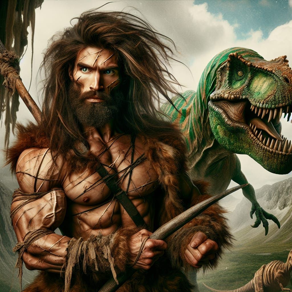Caveman and Tyrannosaurus Rex in Jungle Oasis