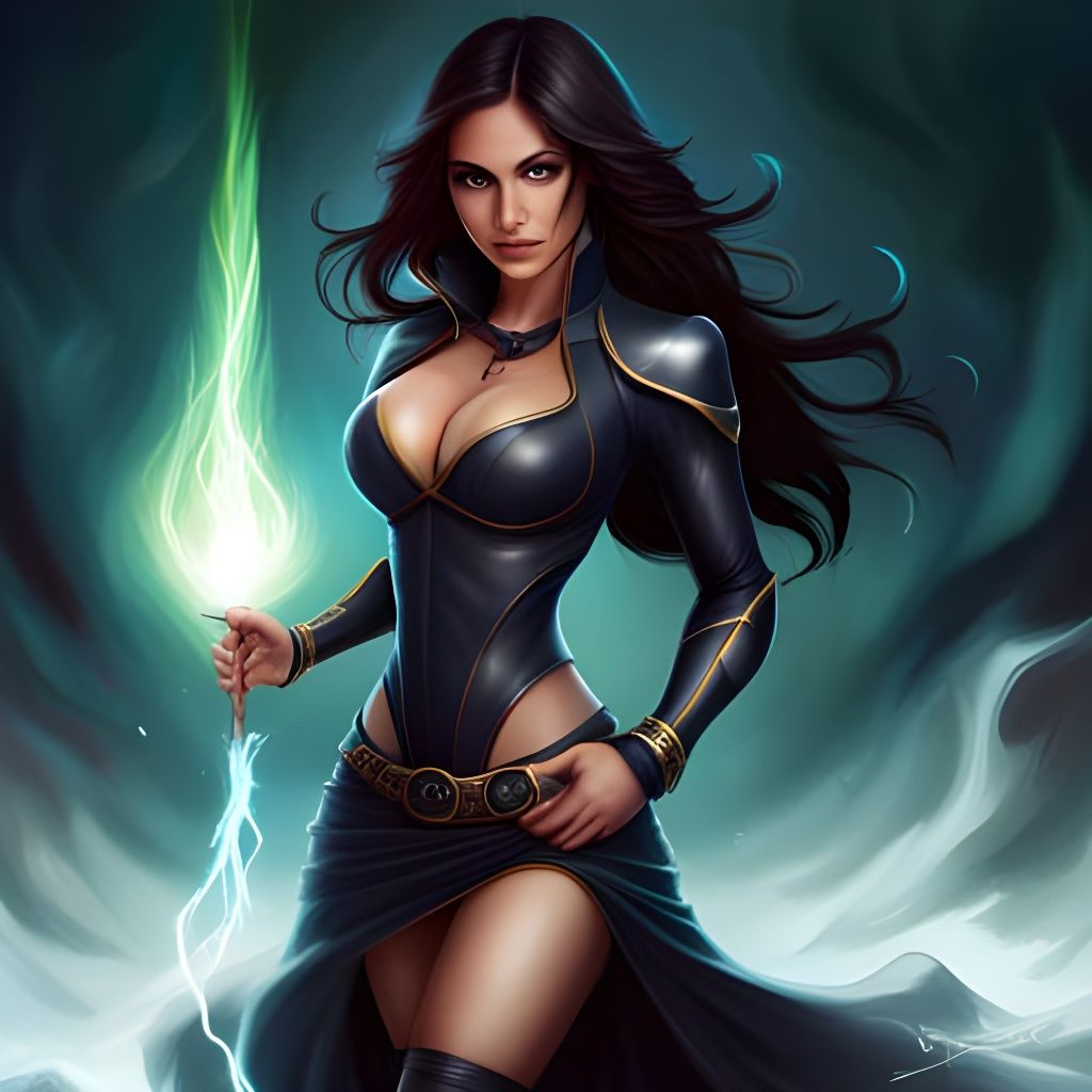 Mysterious Sorceress Casting Lightning Magic in Digital Art