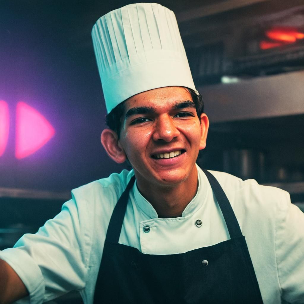 Intense Chef Portrait with Neon Lighting
