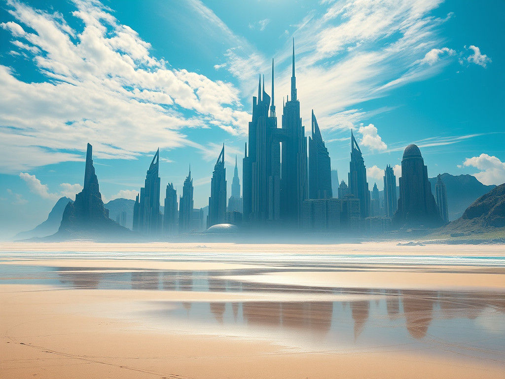 Futuristic Cityscape Rising from Beach Sand, Digital Matte P...