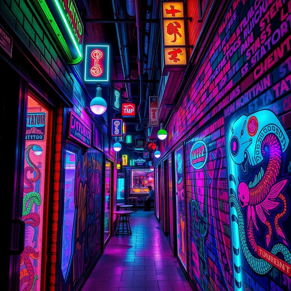 Neon Tattoo Alley of Neural Dreams in Cyberpunk Style