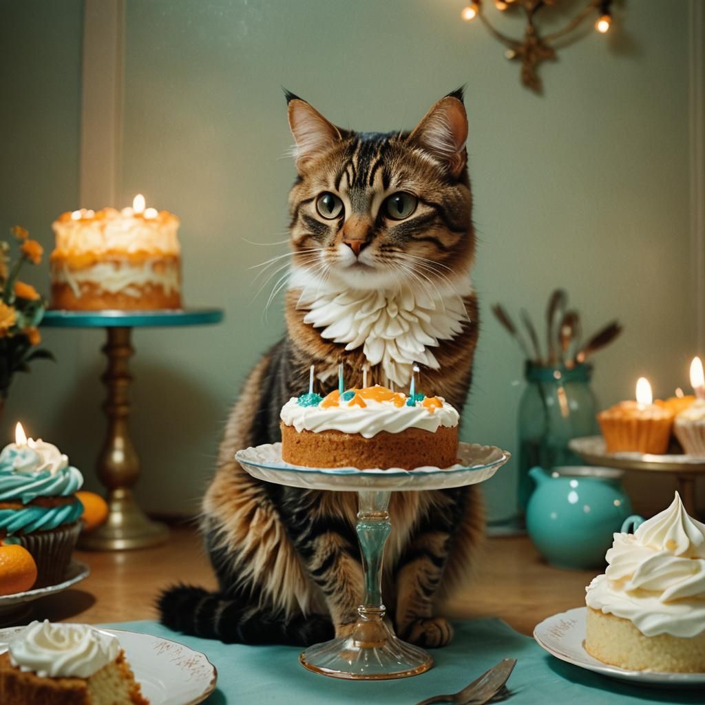 Cat Contemplates Cake in Cozy Room