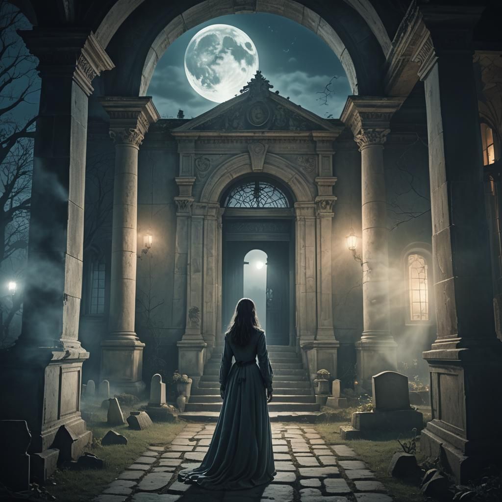 Ghostly Woman in Ancient Mansion: Ethereal Matte Painting