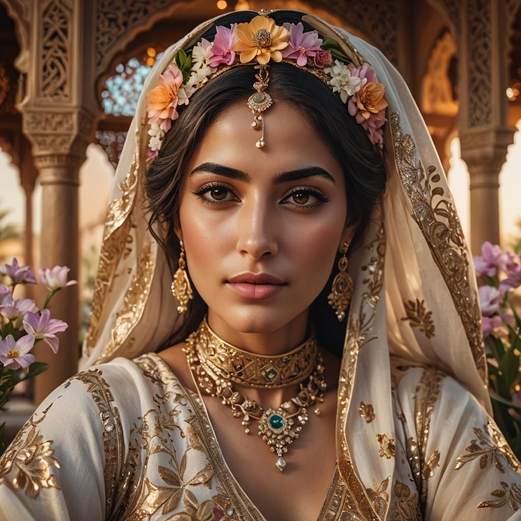 Stunning Arabic Woman in Floral Pavilion Portrait