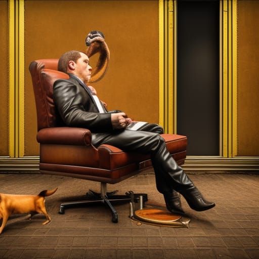 Hyperrealistic Dog Smoking Cigar in Leather Chair