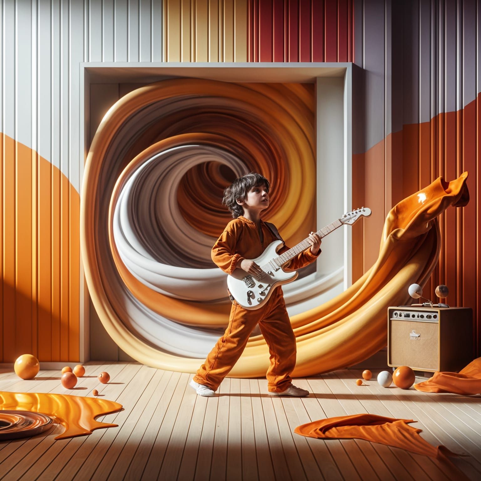 Vibrant Room with Boy Playing Guitar in CGI Style