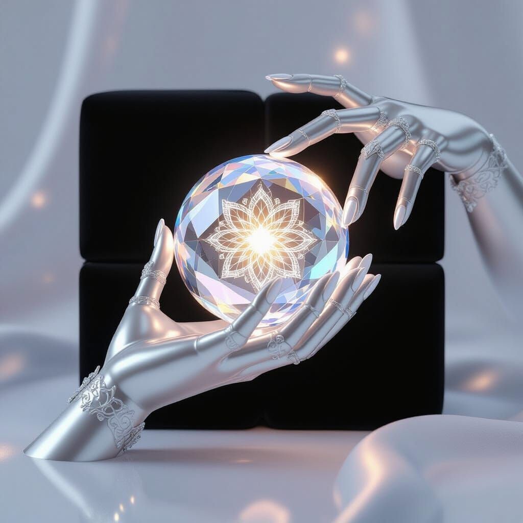 Glowing Crystal Sphere in Silver Hands: 3D Render
