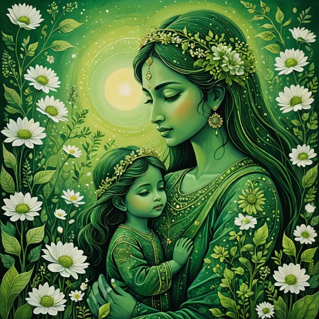 Green Dreamscape: Mother and Child in Art Brut Style