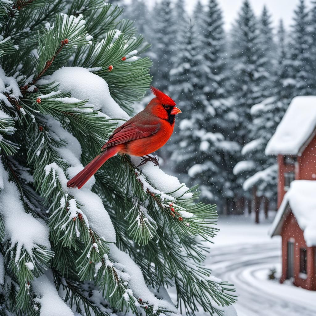 Winter Cardinal Amidst Snowy Pine Forest