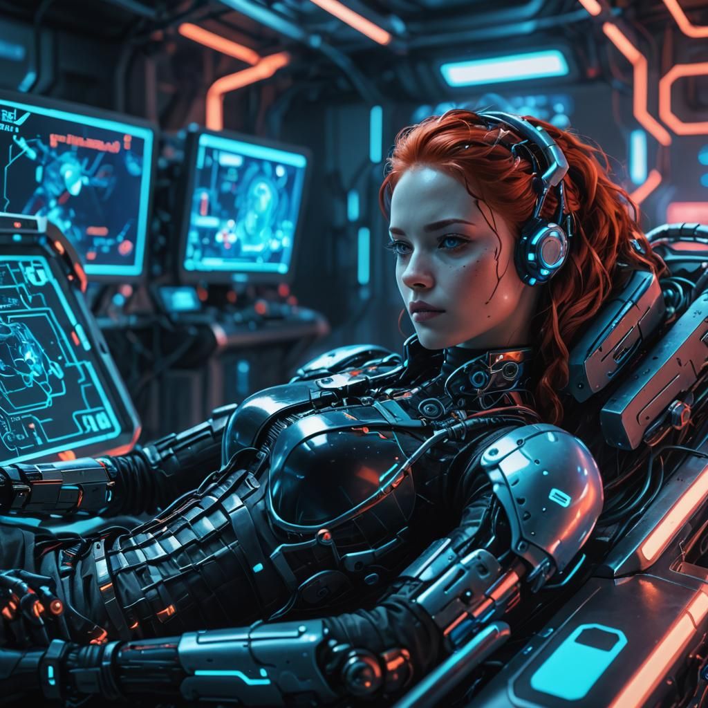 Cyberpunk Android Being Programmed on Futuristic Gurney