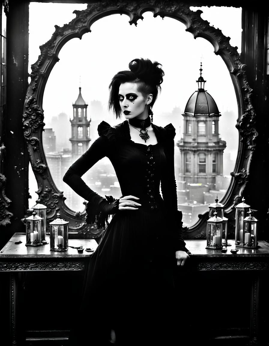 Gothic Model in Decayed Cityscape, Black and White Photograp...