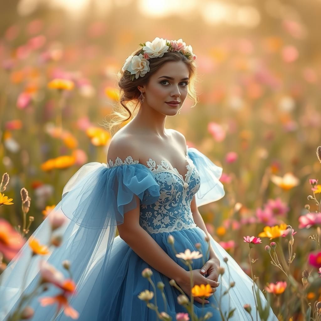 Whimsical Woman in Blue Tulle Among Wildflowers