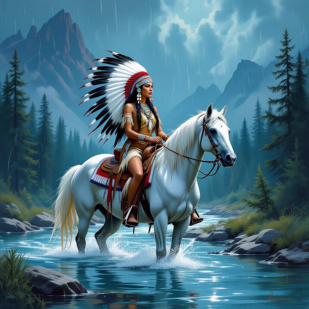 Native American Woman on Horse in Mountain Stream