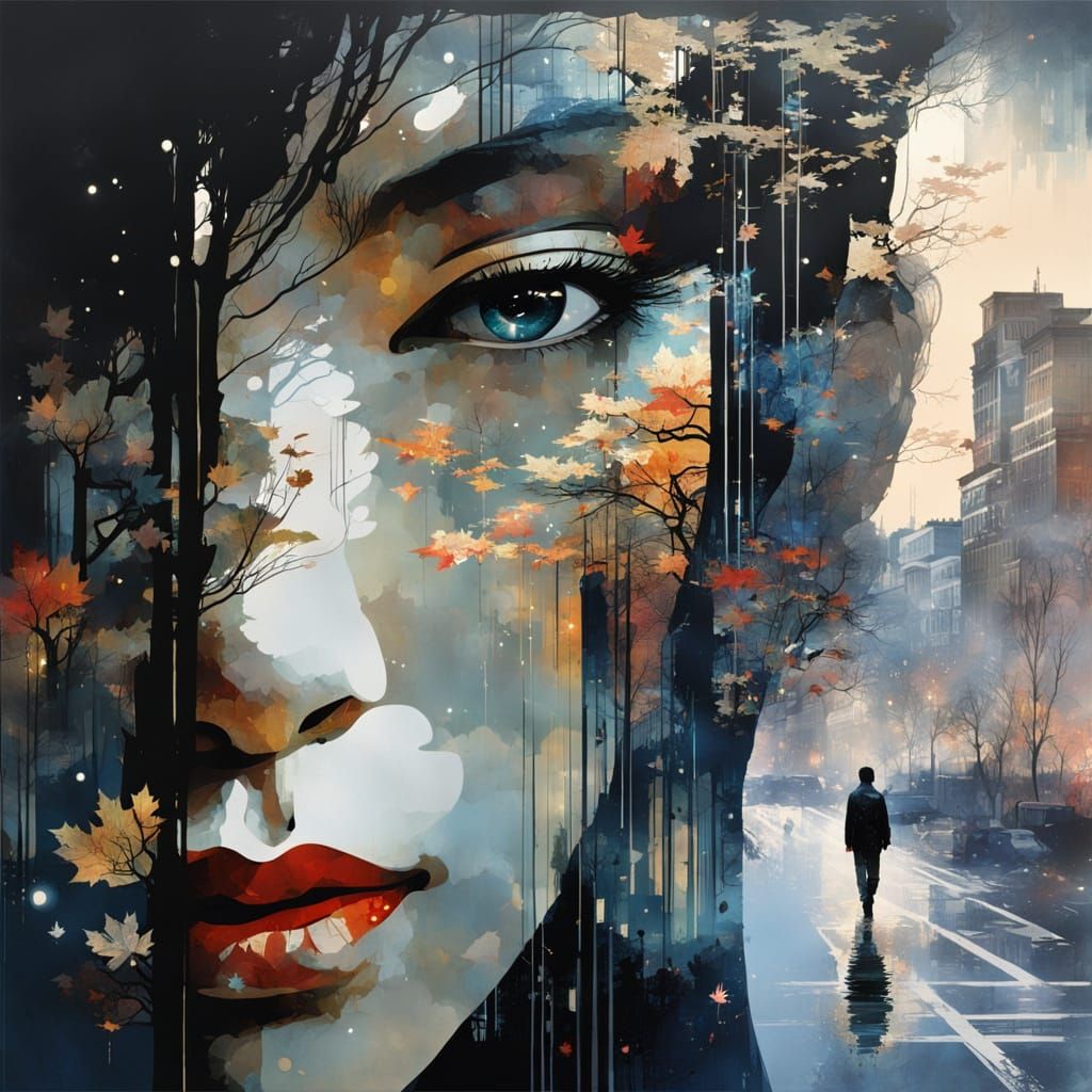 Surreal Double Exposure Galaxy Dripping into Cityscape