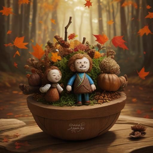 Whimsical Acorn Man in Autumn Forest, Folk Art