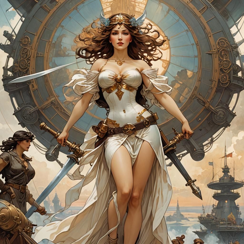Airship Queen with Sword in Art Nouveau Style