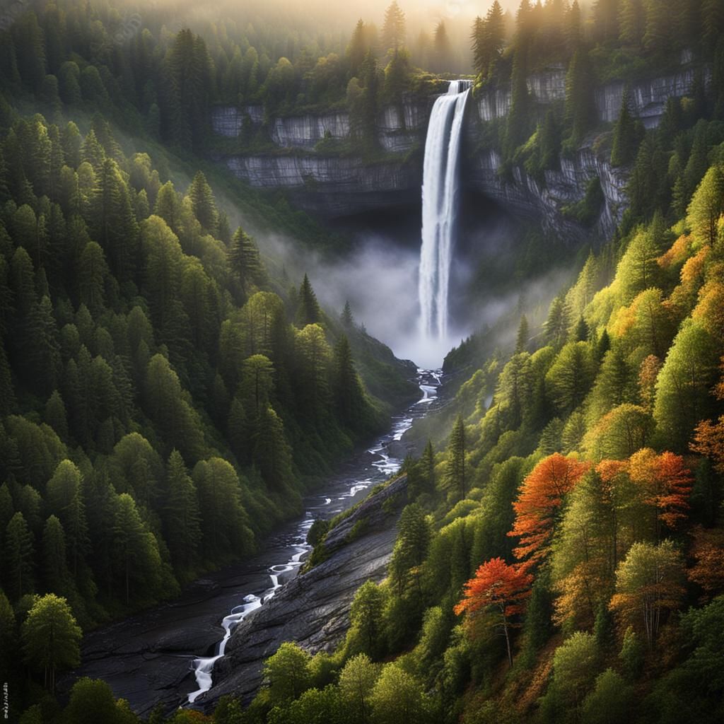 Sunrise Over Foggy Waterfall Valley