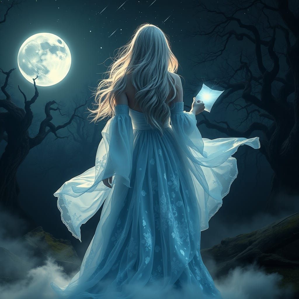 Mystical Woman Under Full Moon in Dreamlike Landscape