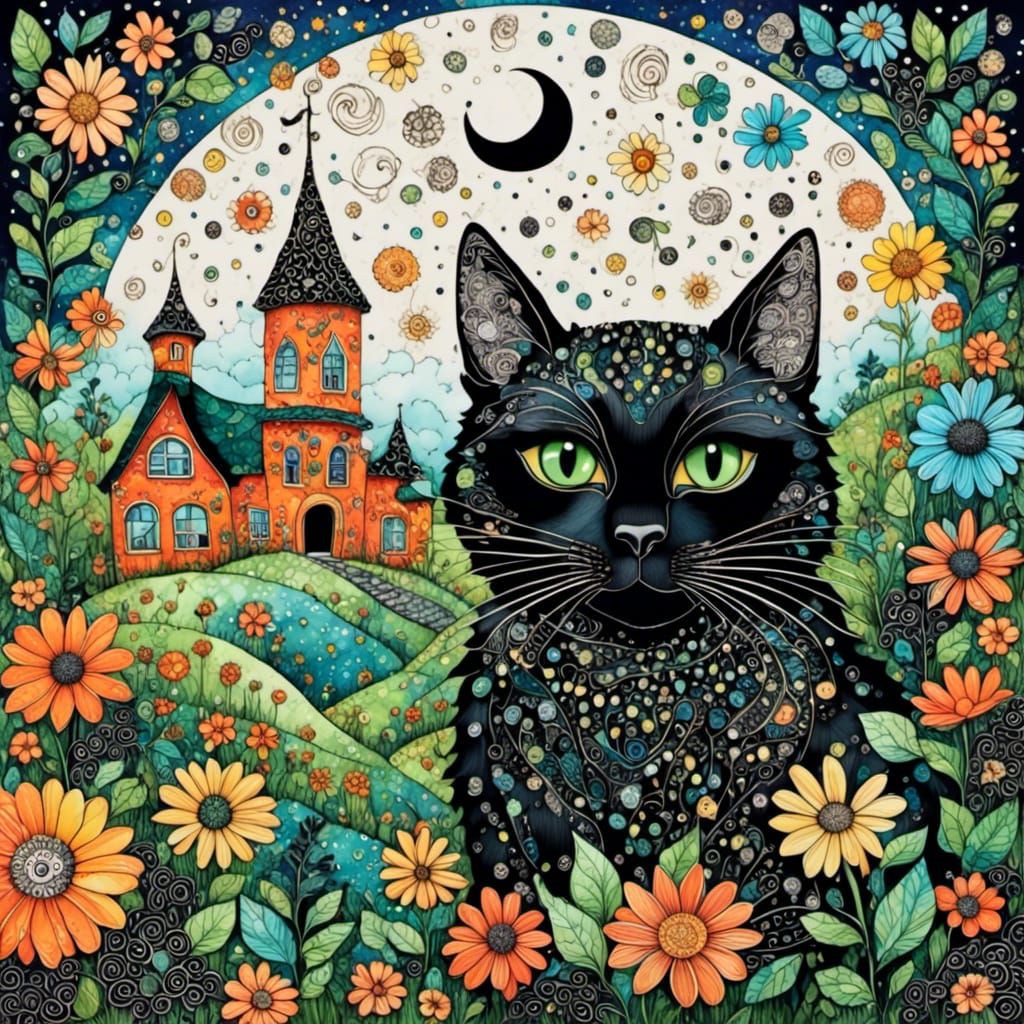 Black Cat in Enchanting Village Zentangle Art
