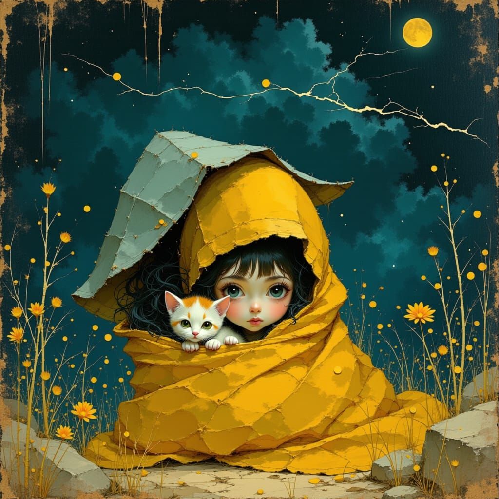 Girl and Kitten Hiding During Thunderstorm, Whimsical Art