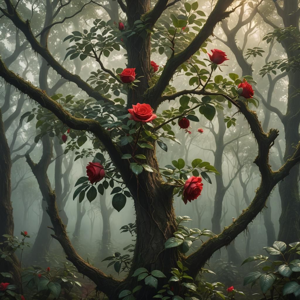 Mystical Peacan Tree with Rose in Misty Forest