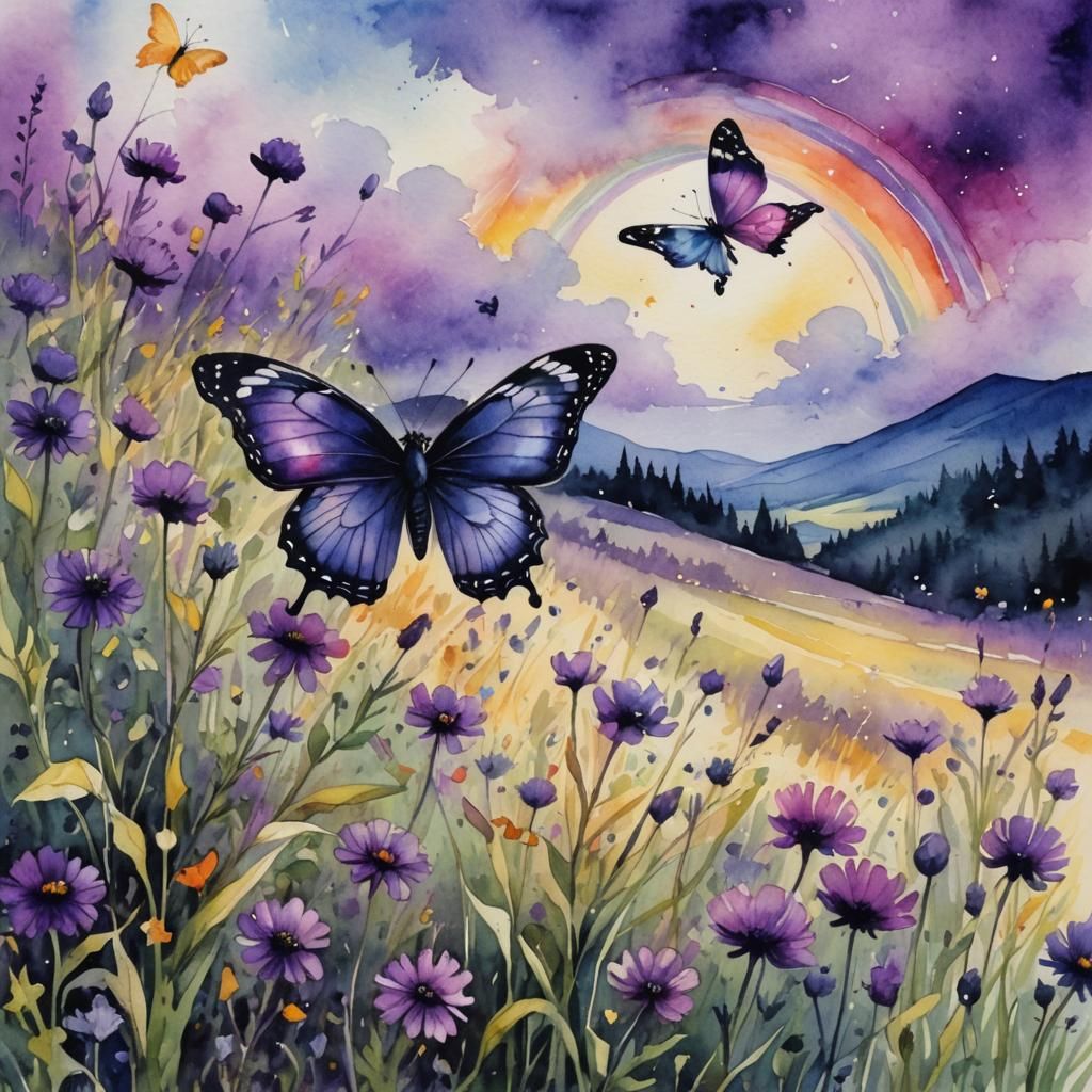 Fantasy Butterfly in Purple Meadow: Watercolor Art