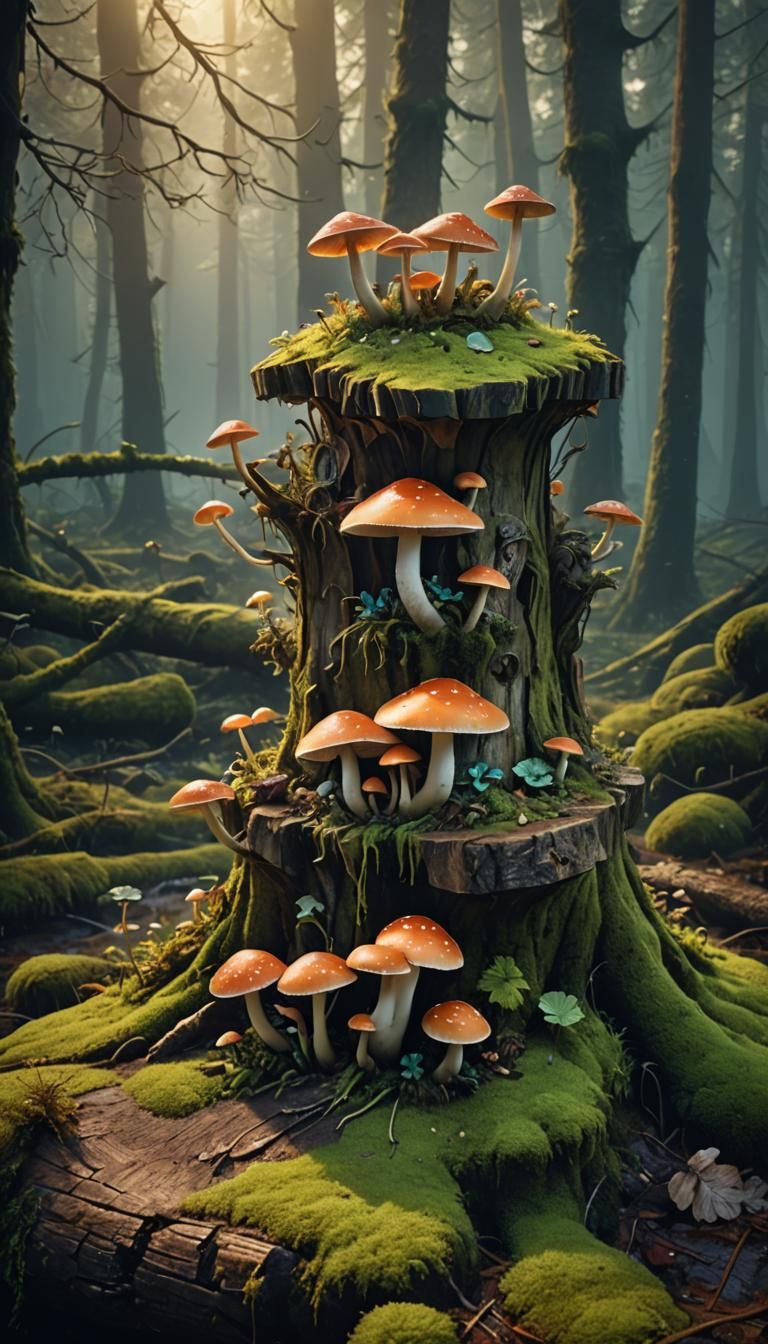 Glowing Mushrooms on Stump in Foggy Forest