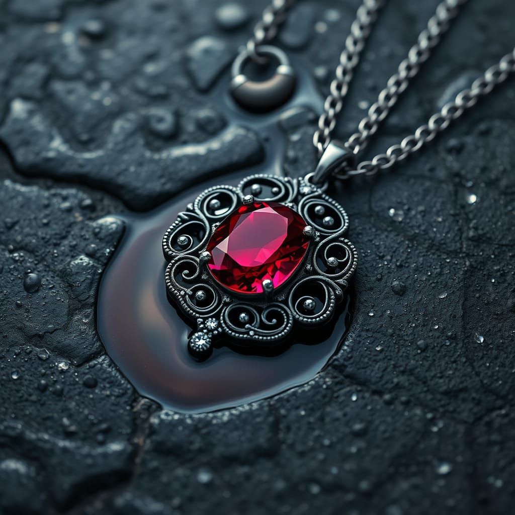 Luxurious Art Nouveau-Inspired Ruby Necklace on Wet Stone