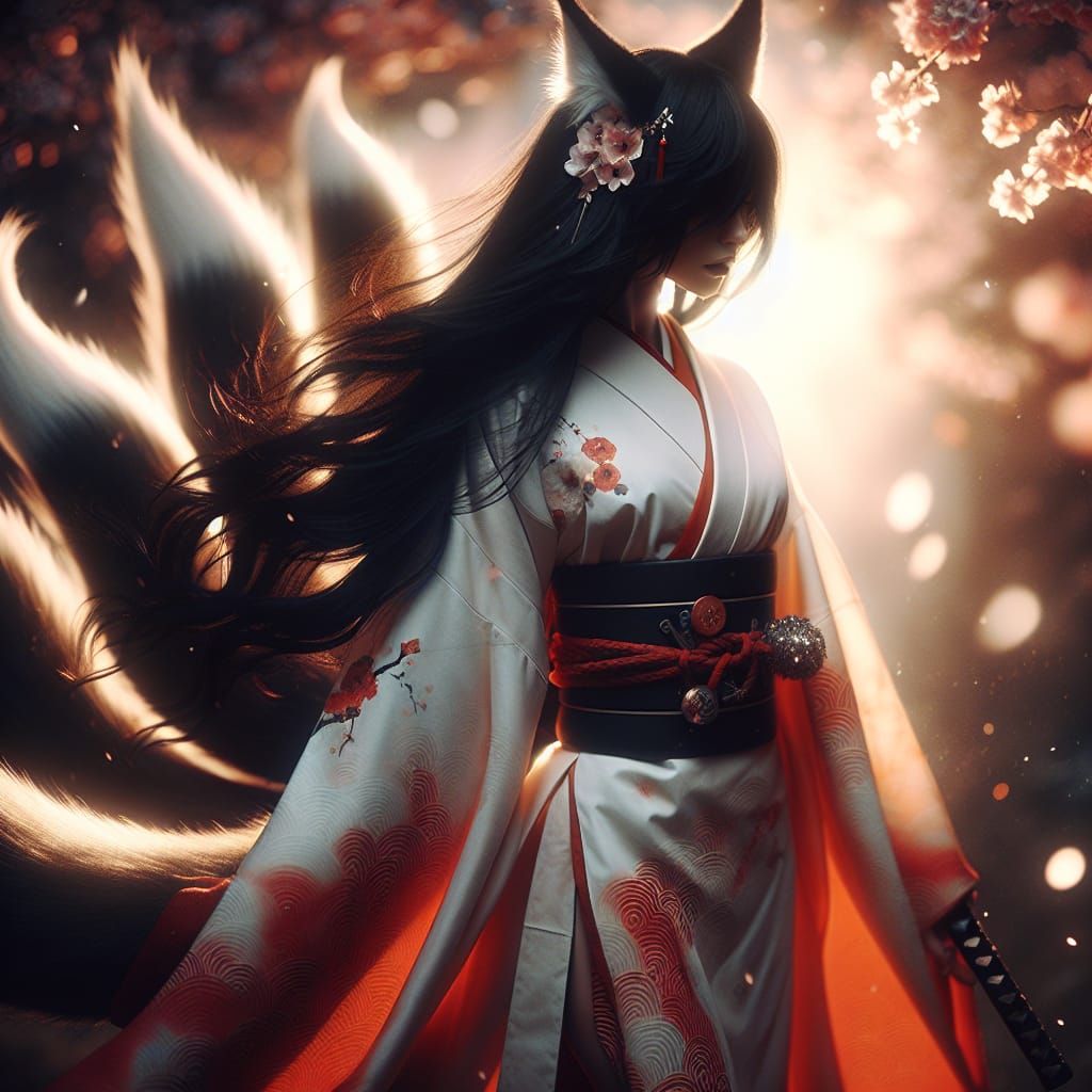 Mystical Nine-Tailed Kitsune in Dreamlike Forest