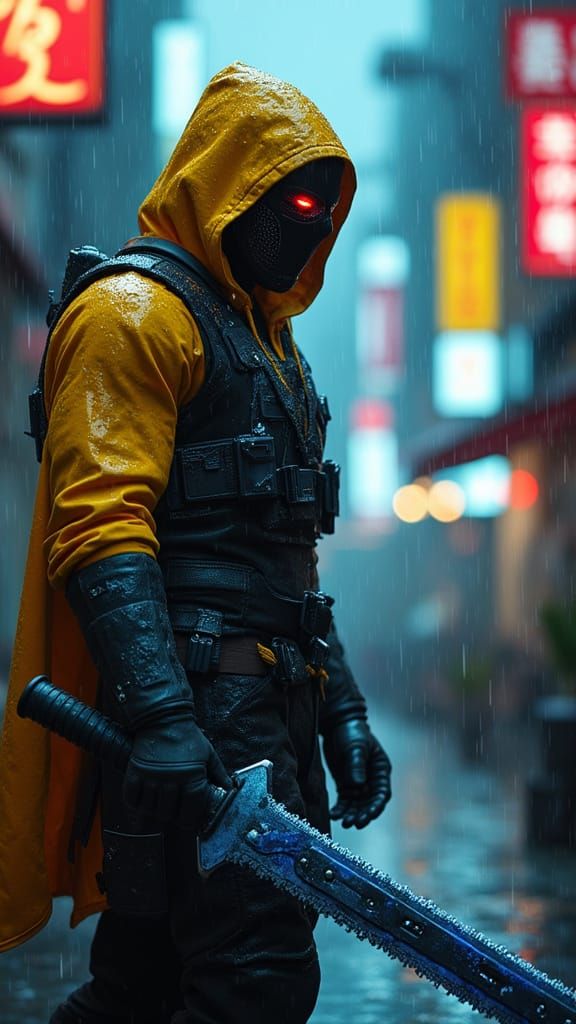 Masked Warrior in Neon Rainstorm: Hyperrealistic 3D Art