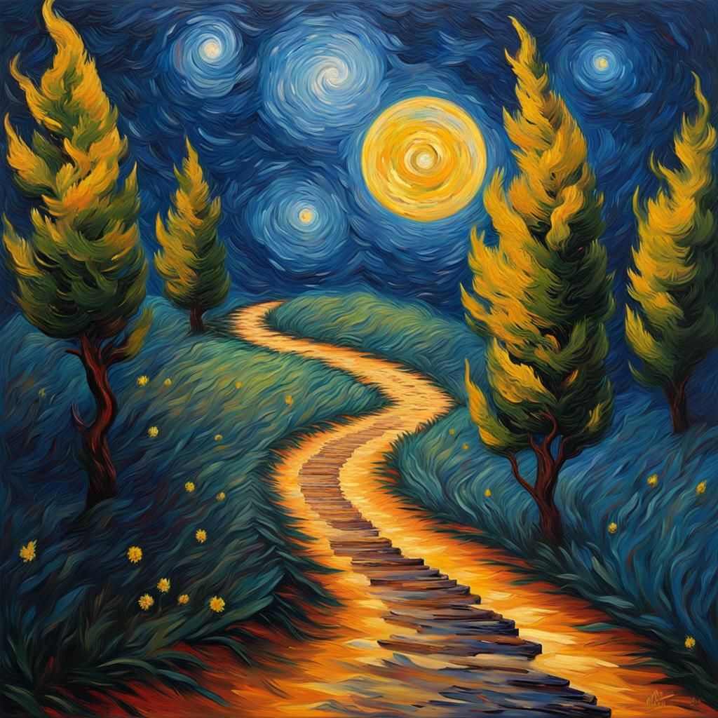 Starry Spiral Pathway to the Moon: Impasto Painting