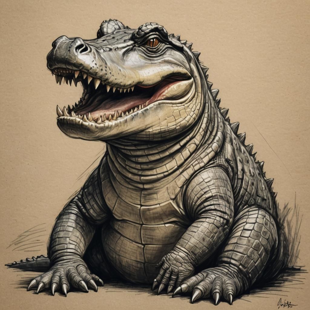 Chubby Crocodile as Charcoal Sketch Portrait