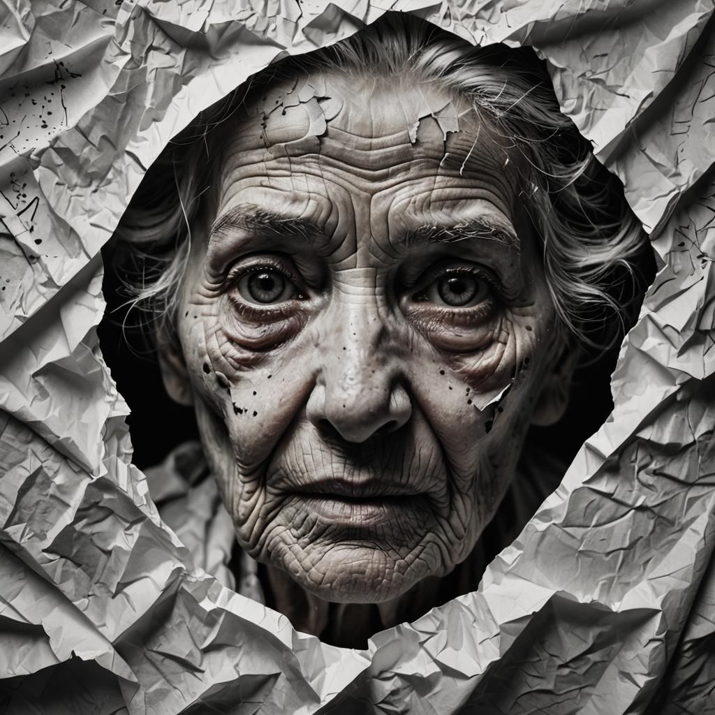 Crumpled Paper Portrait of Old Woman in Ink