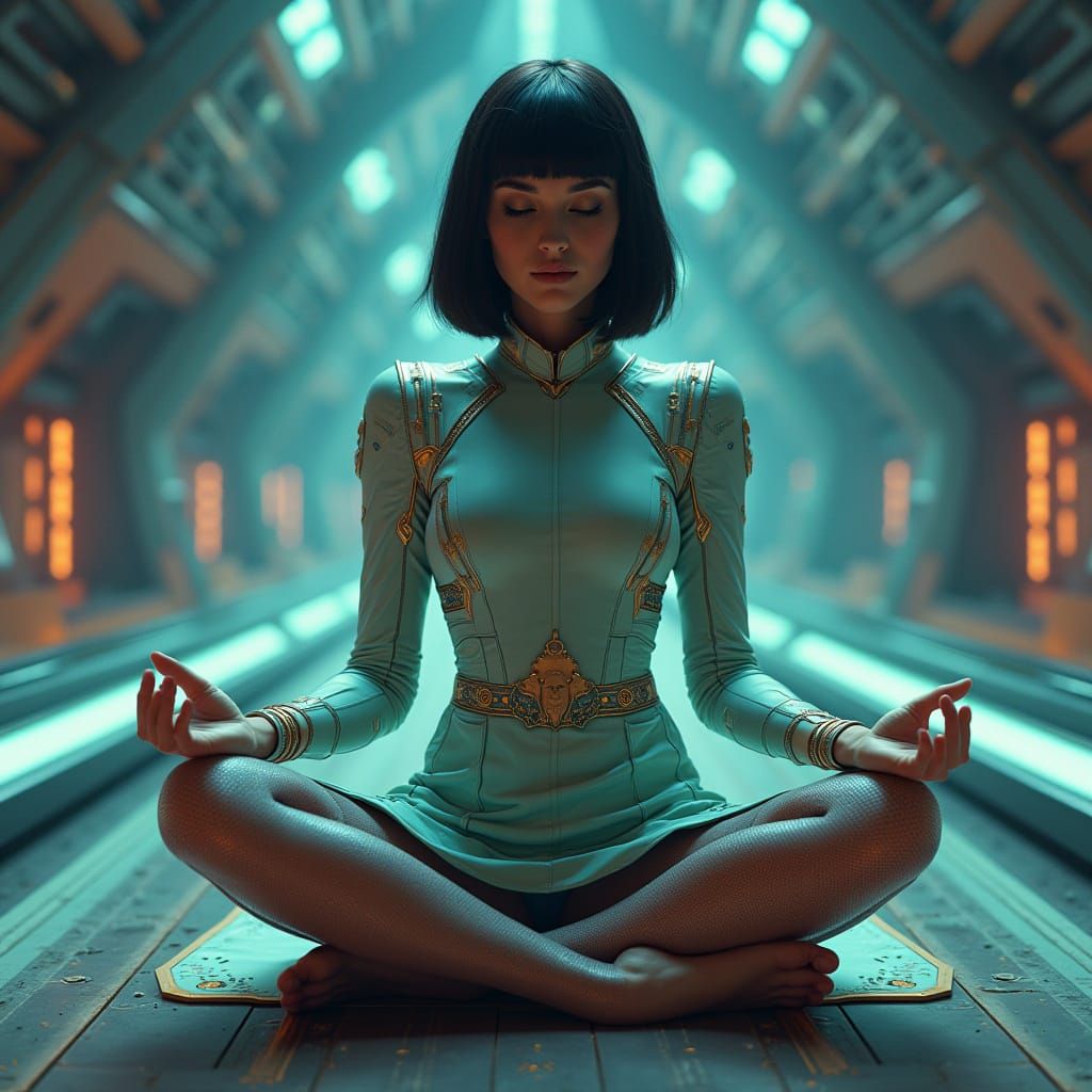 Meditating Futuristic Woman in Cyberpunk Starship Aesthetic