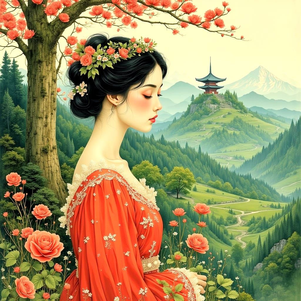 Serene Woman Emerges from Hillside in Golden Age Style