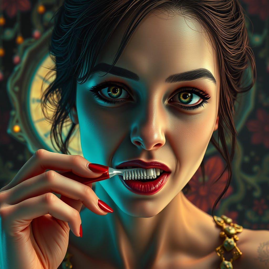 Whimsical Woman Bites Toothbrush in Fantasy Concept Art