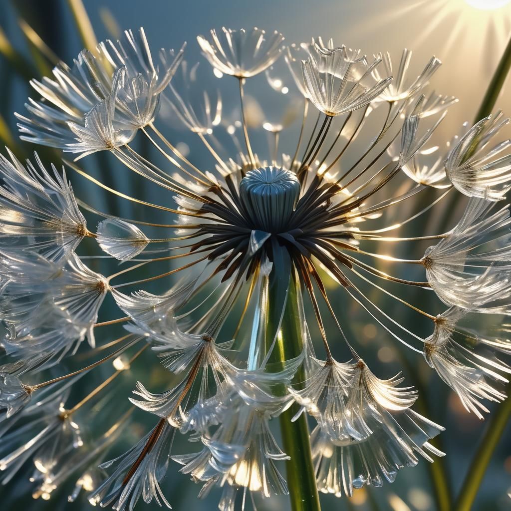 Glass Dandelion and Flower in Evening Sunlight